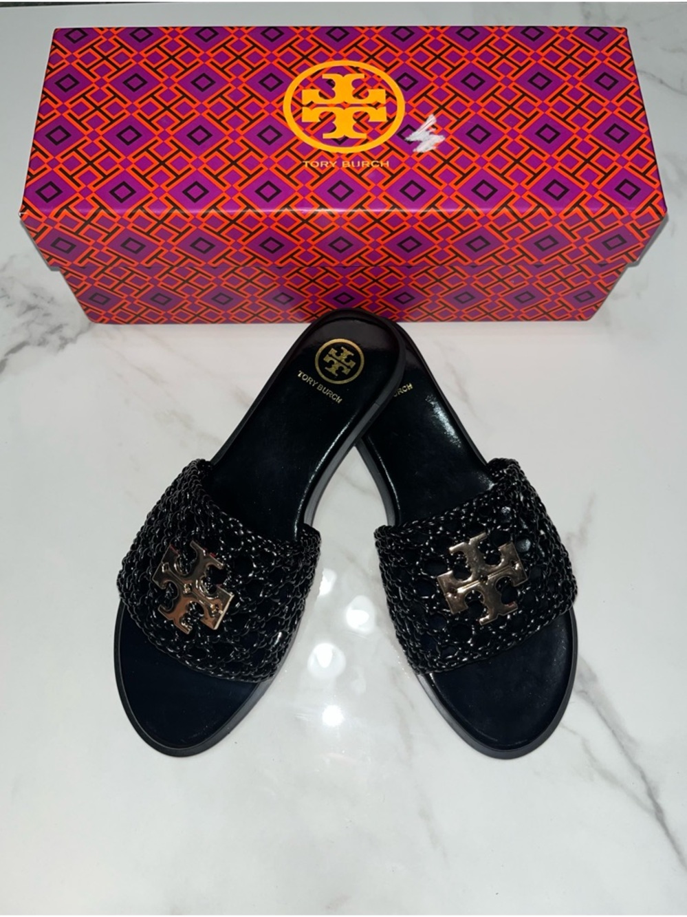 Tory Burch Black Braided Logo Slide Sandals with Gold Emblem